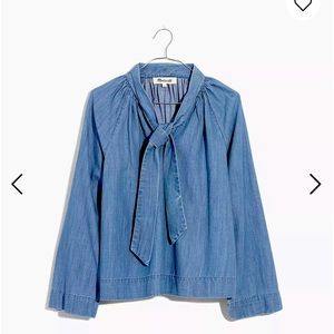 Madewell denim tie neck pop-over shirt